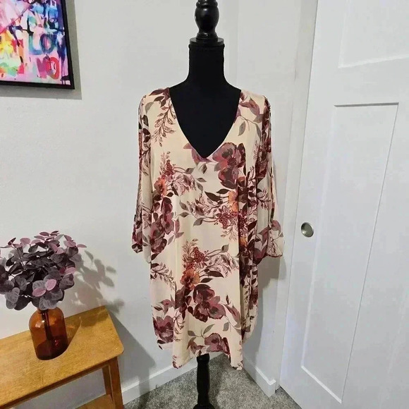 NWT - Lulu's Shifting Dears Beige Floral Print Dress - Sz XL - Picture 1 of 9